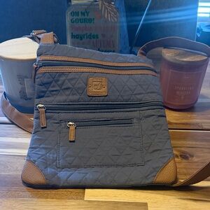 Stone Mountain Gray Quilted Crossbody with Brown Trim